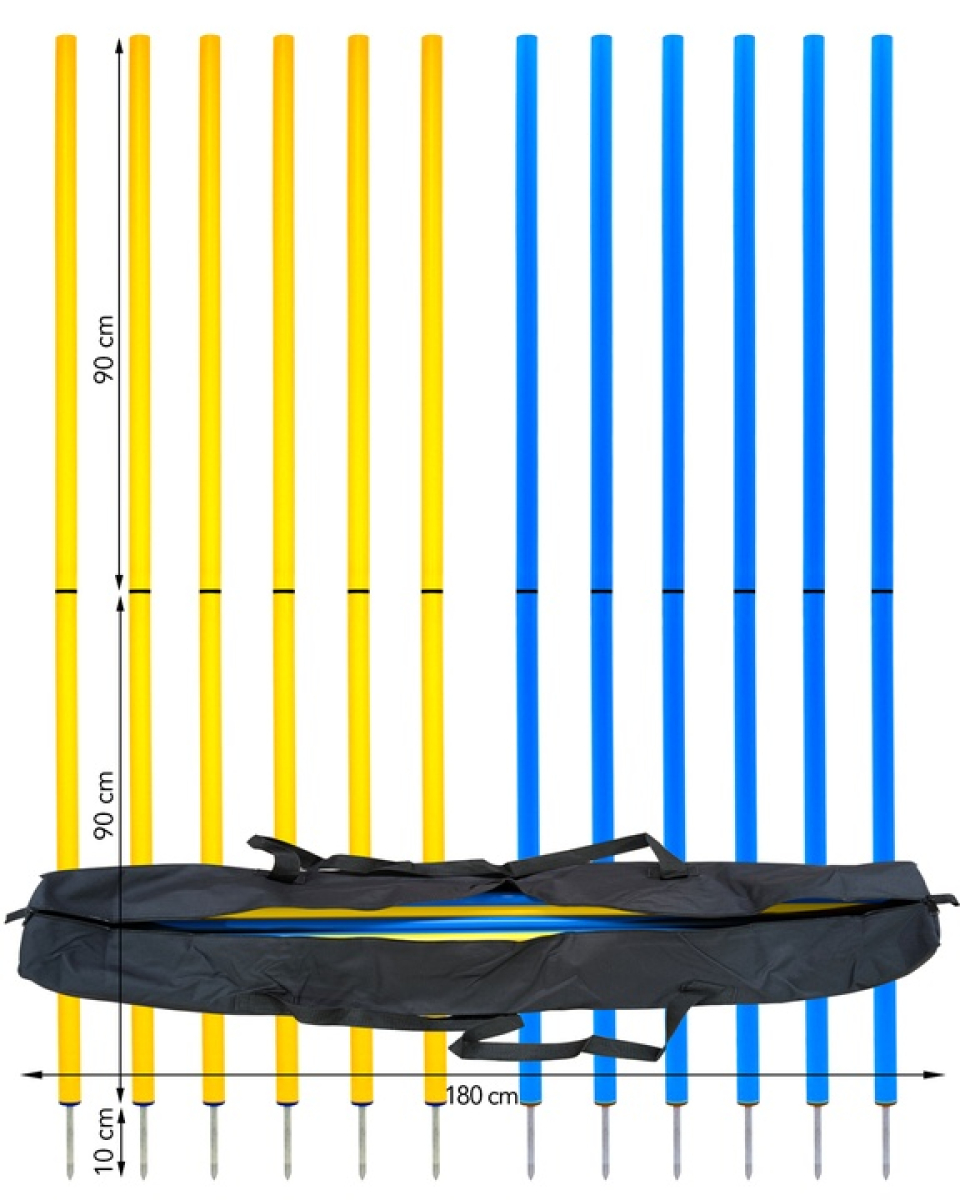 Preview: Slalom pole set 12 pieces, 32mm, 180cm, with bag yellow/blue