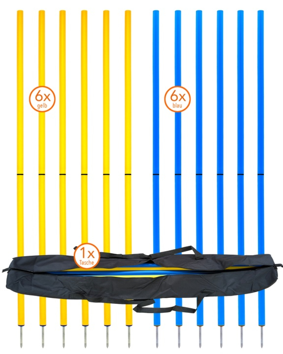 Preview: Slalom pole set 12 pieces, 32mm, 180cm, with bag yellow/blue