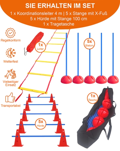 Indoor & Artificial Turf-Set with coordination ladder, slalom, hurdles & bag