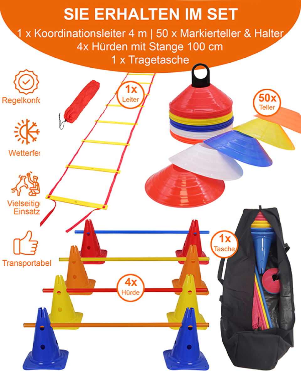 Coordination-Set with coordination ladder, marker plates, jump hurdles & bag