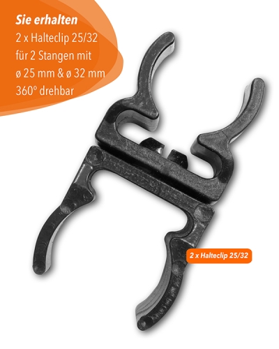 Clip for connecting 2 pole diameters, 25 mm and 32 mm