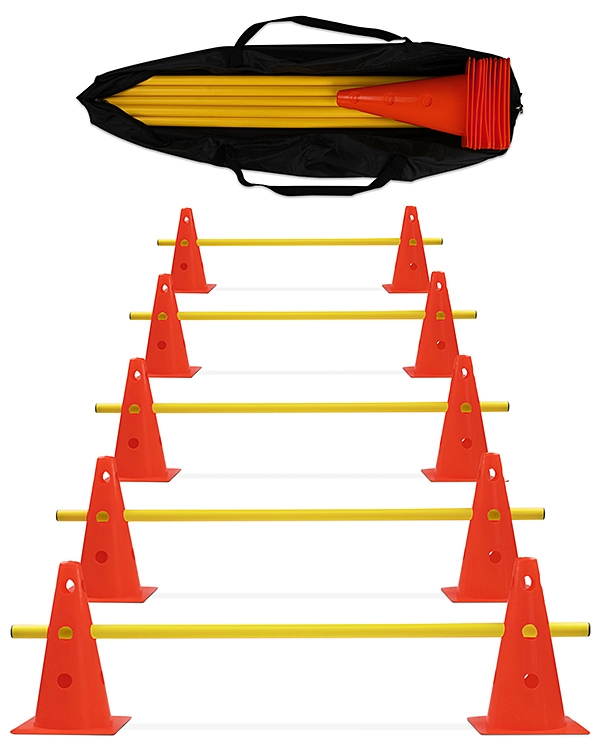 Cone hurdle set of 5 with carrying bag, cones & poles in 4 colors