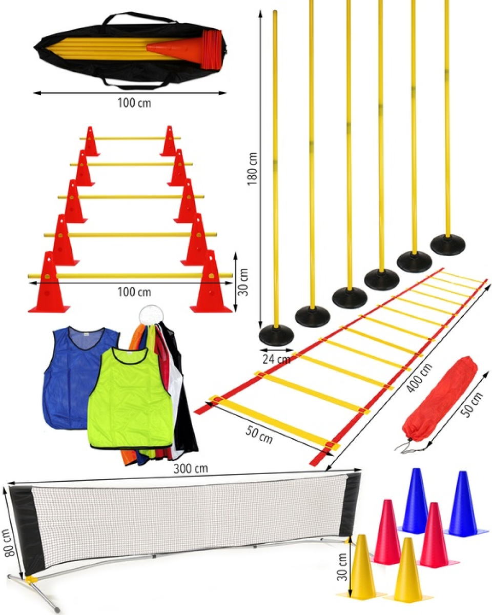 Indoor sports set with hurdles, slalom, bib, tennis, soft cones, ladder and bag