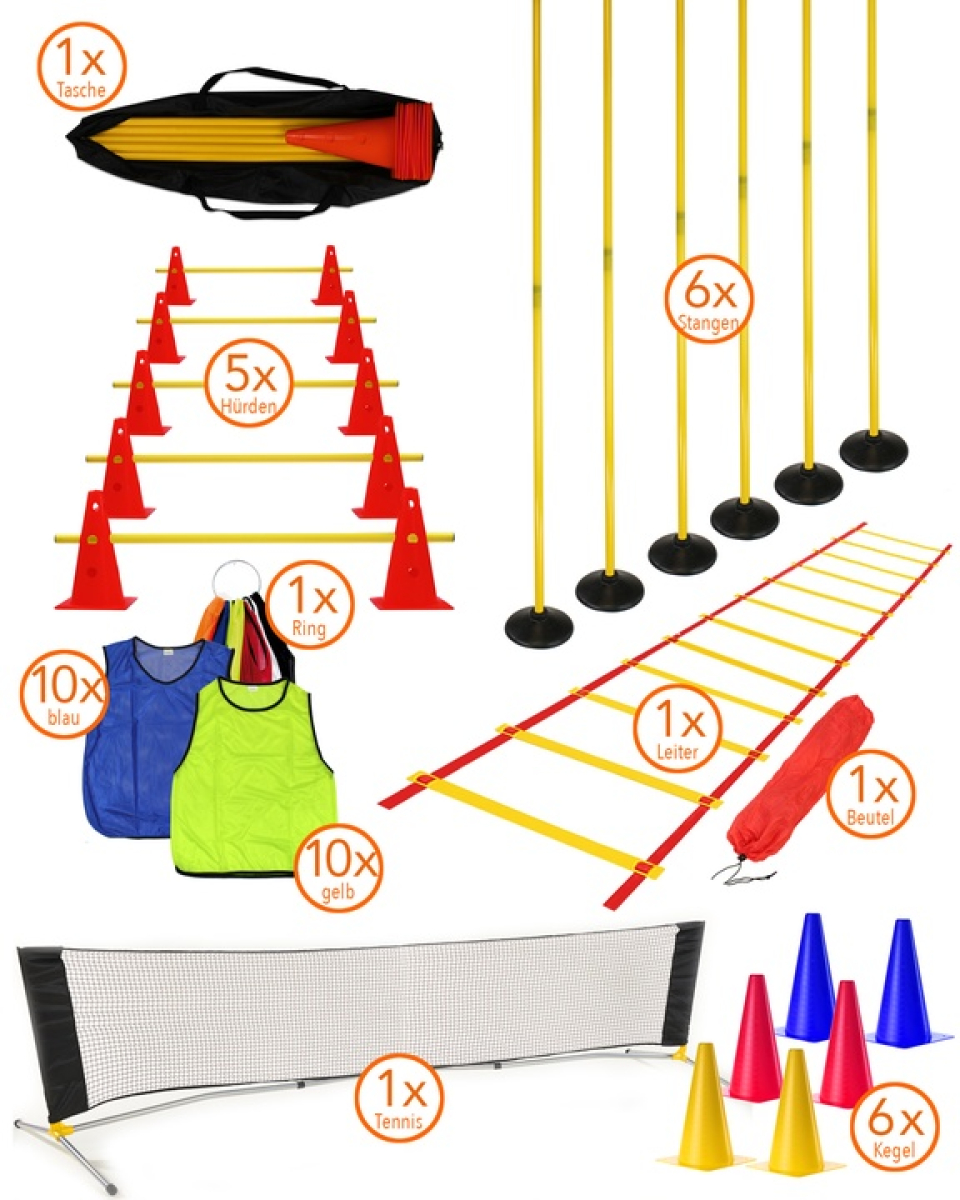 Indoor sports set with hurdles, slalom, bib, tennis, soft cones, ladder and bag