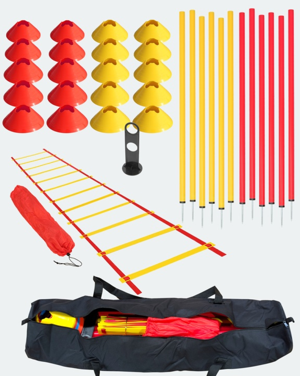 Koordinations-Set XL, 20 Markiermulden, 12 Slalomstangen 100 cm, Koordinationsleiter 6 m & Tragetasche 110