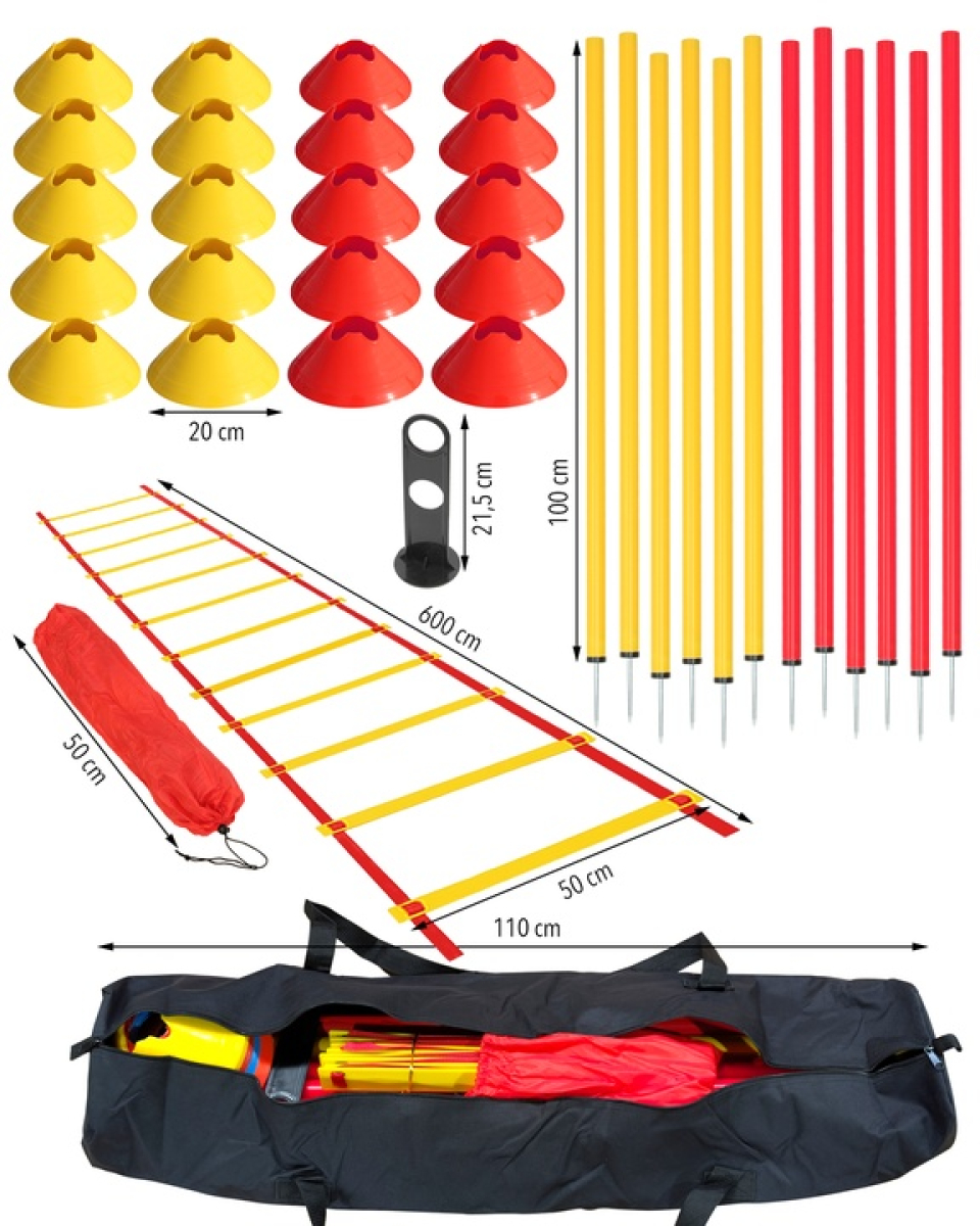 Koordinations-Set XL, 20 Markiermulden, 12 Slalomstangen 100 cm, Koordinationsleiter 6 m & Tragetasche 110