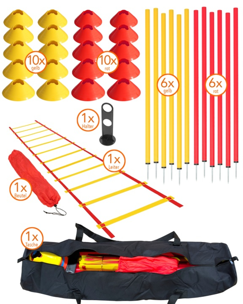Koordinations-Set XL, 20 Markiermulden, 12 Slalomstangen 100 cm, Koordinationsleiter 6 m & Tragetasche 110