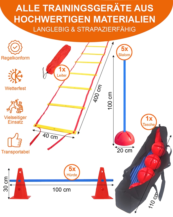 Indoor & Artificial Turf-Set with coordination ladder, slalom, hurdles & bag