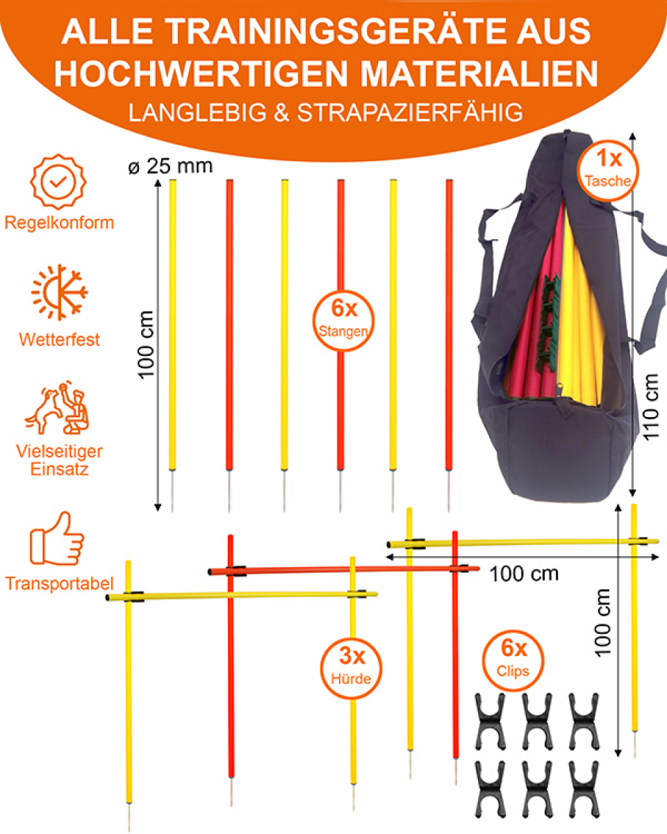 Slalom- & Hurdles-Set with slalom poles, jump hurdles & bag